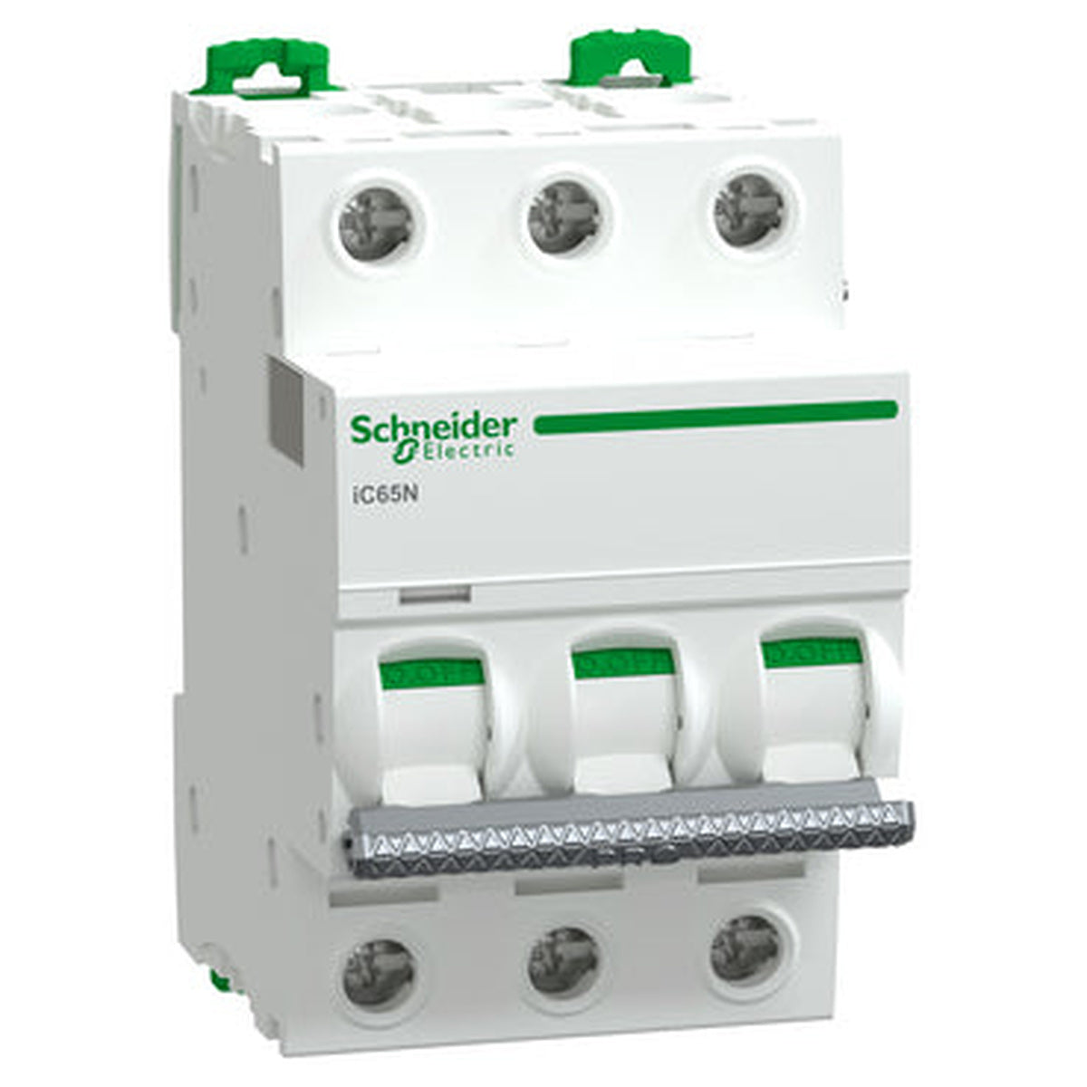 Schneider Electric Acti9 Pro iC65N three-pole circuit breaker — manufacturer representative image
