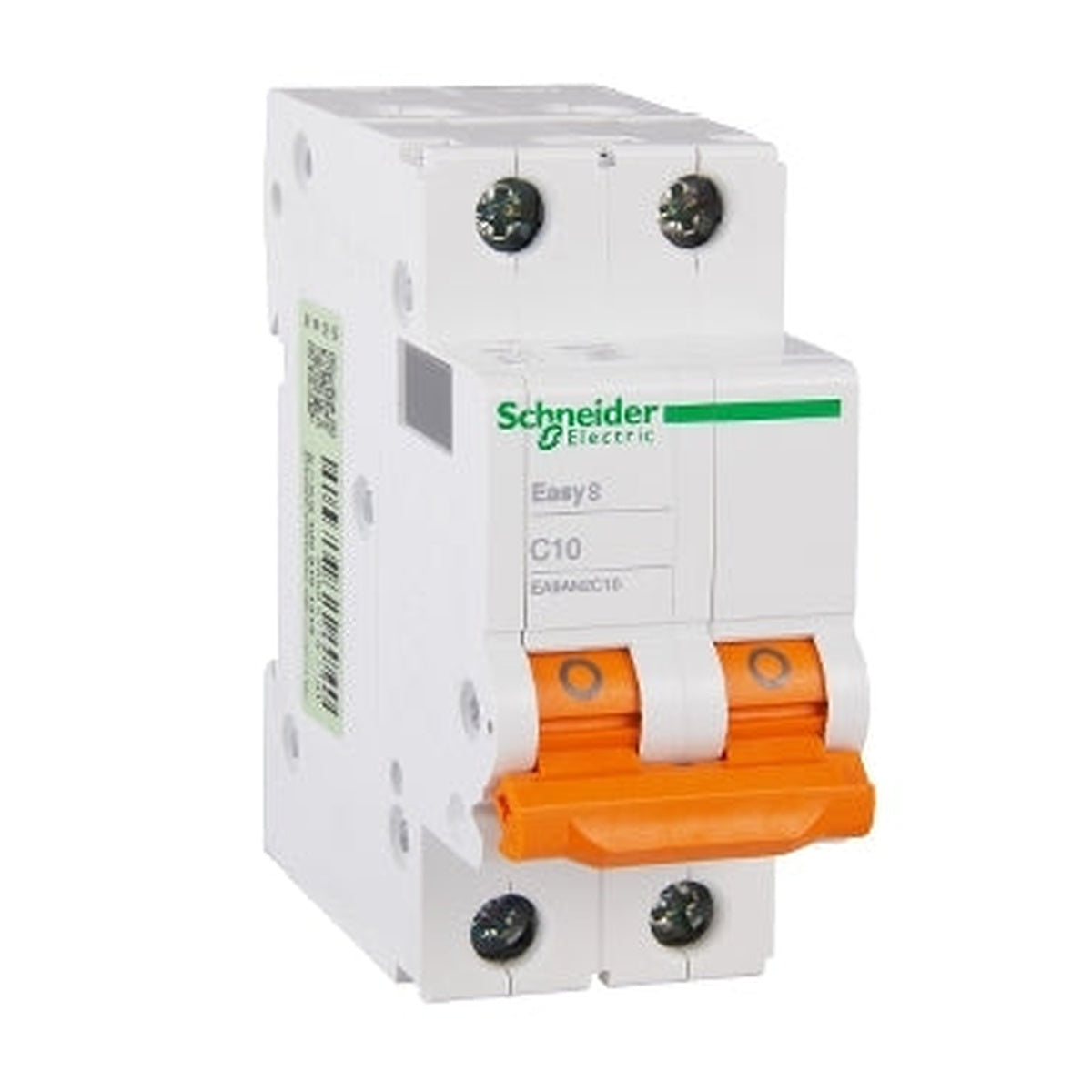 Schneider Electric Easy9 EA9AN2C10 two-pole 10A C-curve circuit breaker with silver-white body and orange toggles