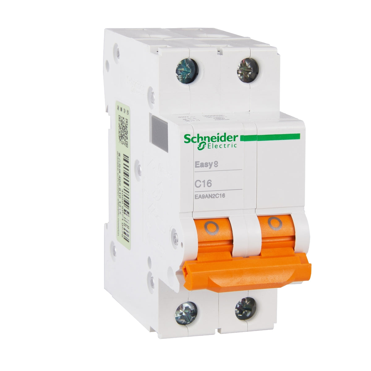 Schneider Electric EA9AN2C16 two-pole 16A C-curve circuit breaker with silver-white body and orange toggles
