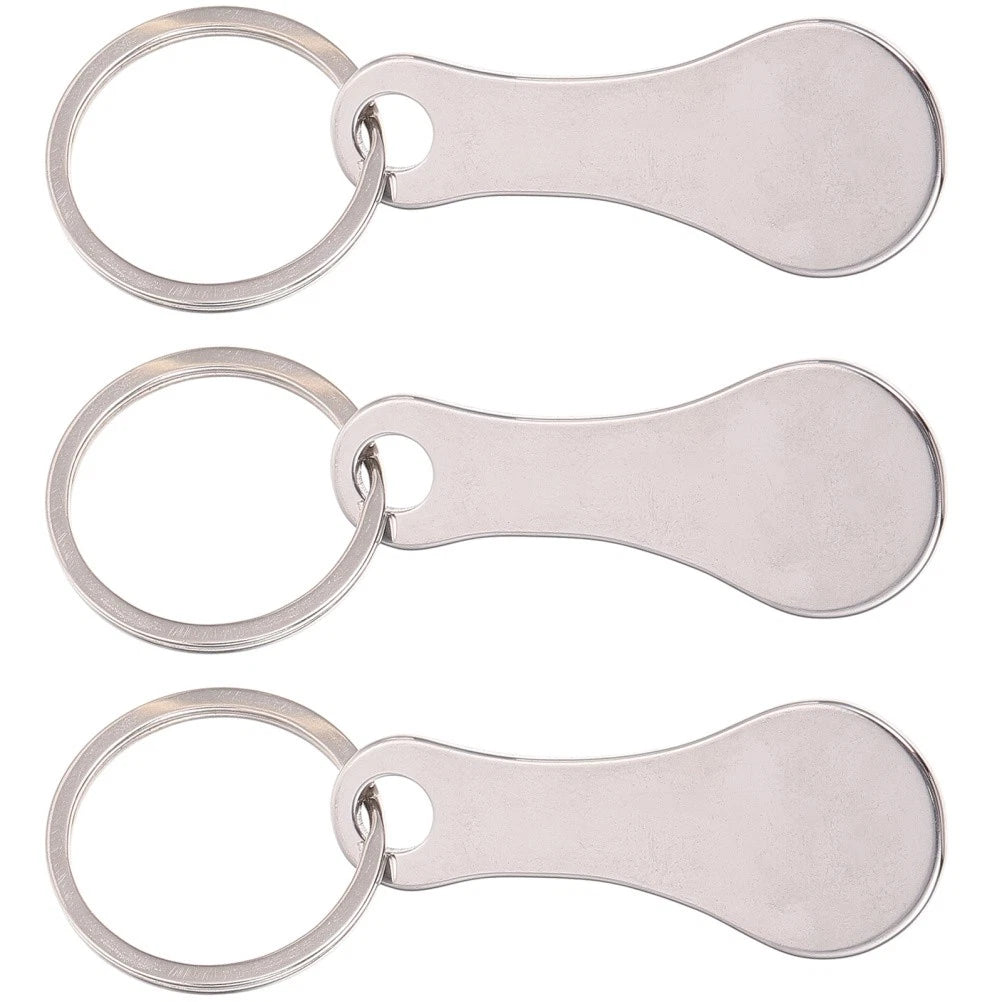 Three silver shopping trolley tokens with split keyrings