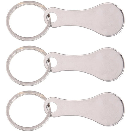 Three silver shopping trolley tokens with split keyrings