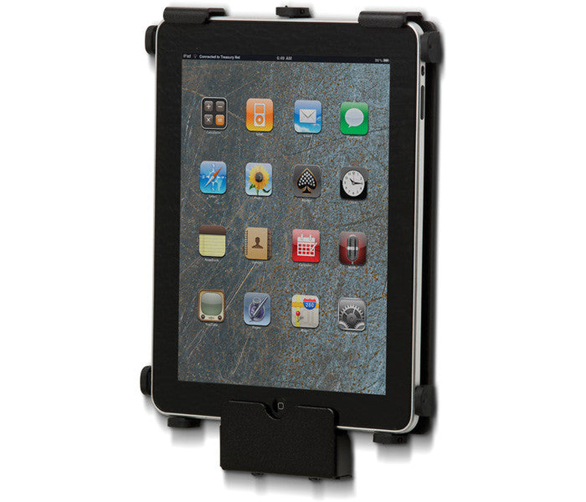 SpacePole SafeGuard SPIPC121 black iPad security clamp, shown with iPad for illustration; iPad not included