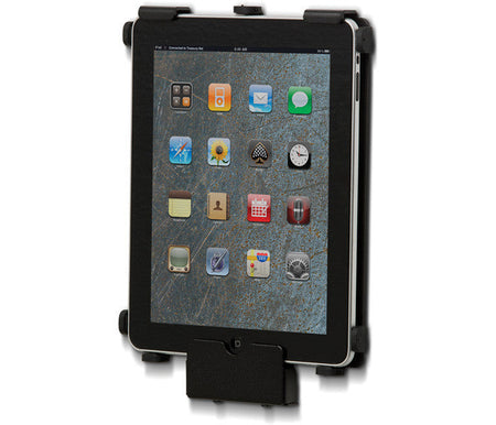 SpacePole SafeGuard SPIPC121 black iPad security clamp, shown with iPad for illustration; iPad not included