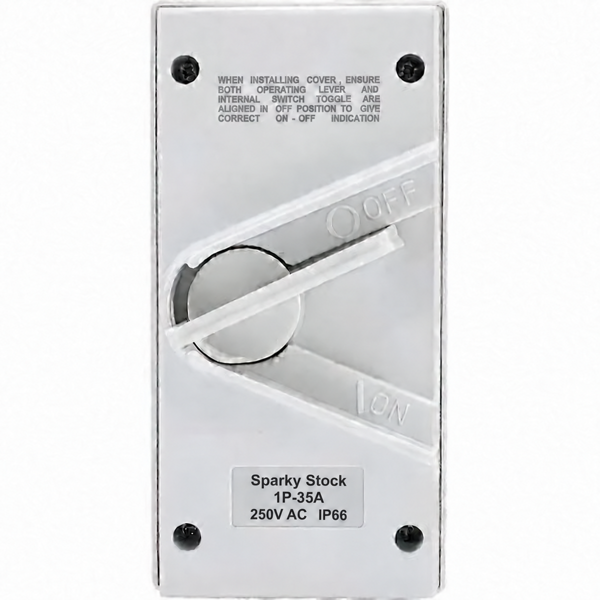 Sparky Stock 1 pole 35A 250V AC IP66 white isolator switch, front view