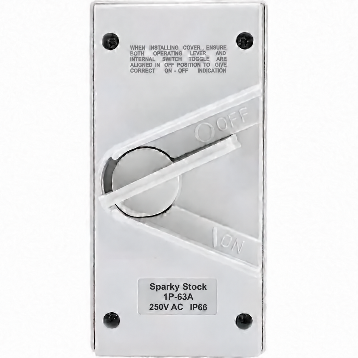 Sparky Stock 1 pole 63A 250V AC IP66 white isolator switch, front view