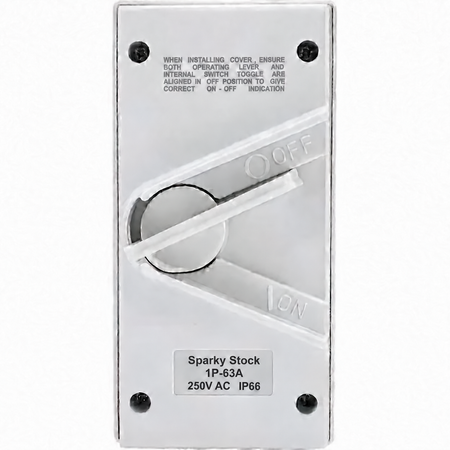 Sparky Stock 1 pole 63A 250V AC IP66 white isolator switch, front view