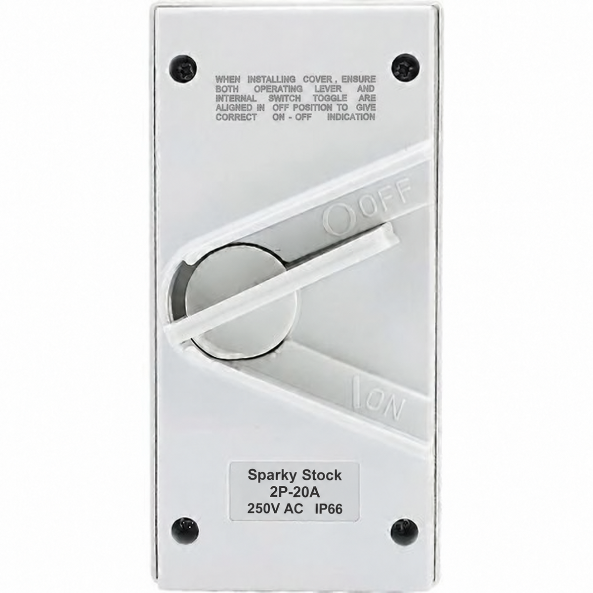 Sparky Stock 2 pole 20A 250V AC IP66 weatherproof isolator switch in white, front view