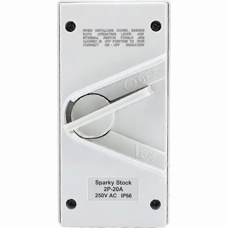 Sparky Stock 2 pole 20A 250V AC IP66 weatherproof isolator switch in white, front view