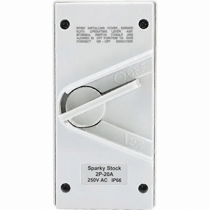 Sparky Stock 2 Pole 20A 250V IP66 Weatherproof Isolator Switch | White | SS-ISO-2P-20A