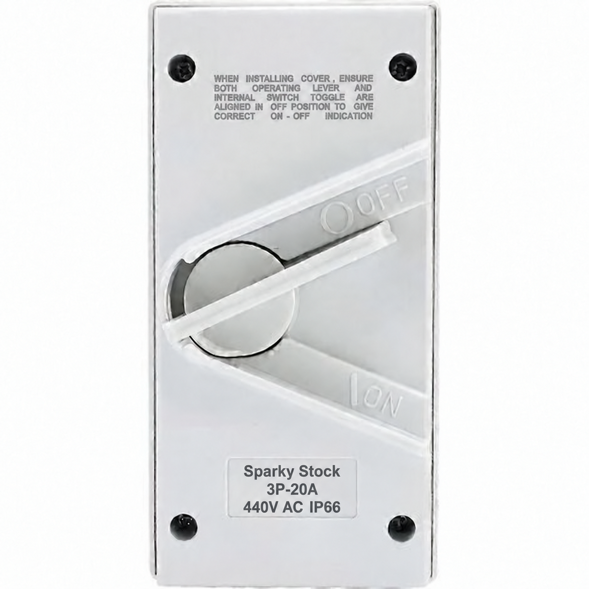 Sparky Stock 3 pole 20A 440V AC IP66 white isolator switch, front view