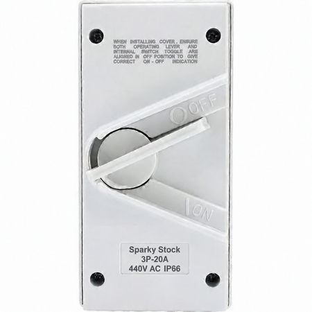 Sparky Stock 3 pole 20A 440V AC IP66 white isolator switch, front view