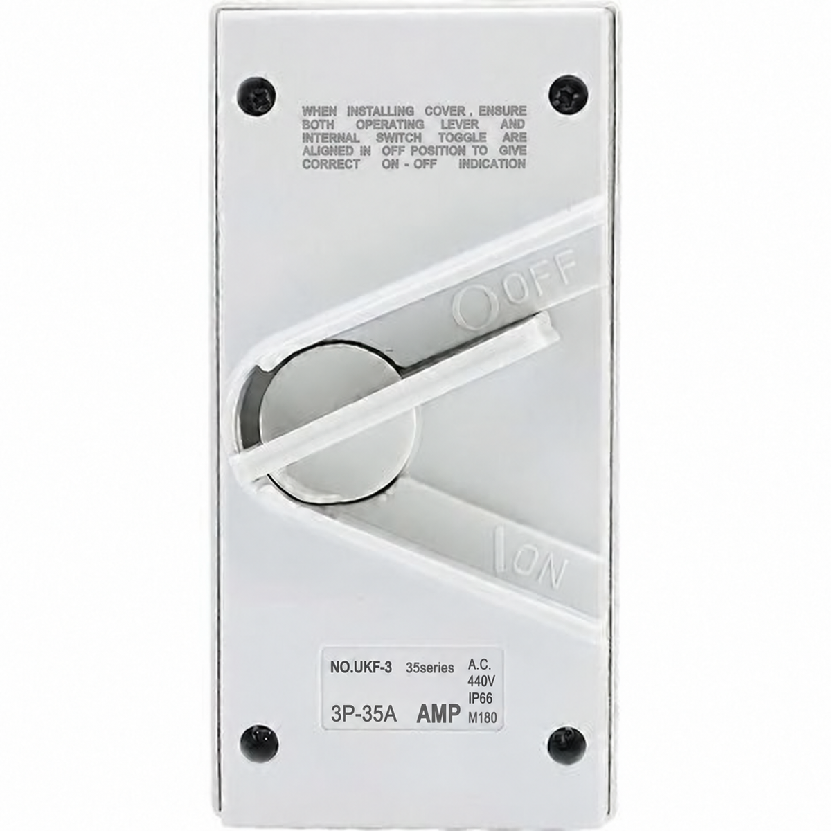 Sparky Stock 3 pole 35A 440V IP66 weatherproof isolator switch in white, front view