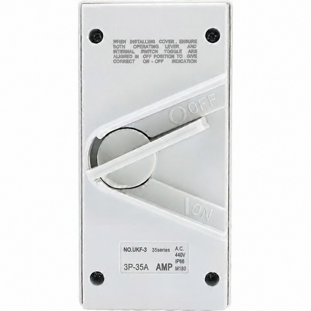 Sparky Stock 3 pole 35A 440V IP66 weatherproof isolator switch in white, front view