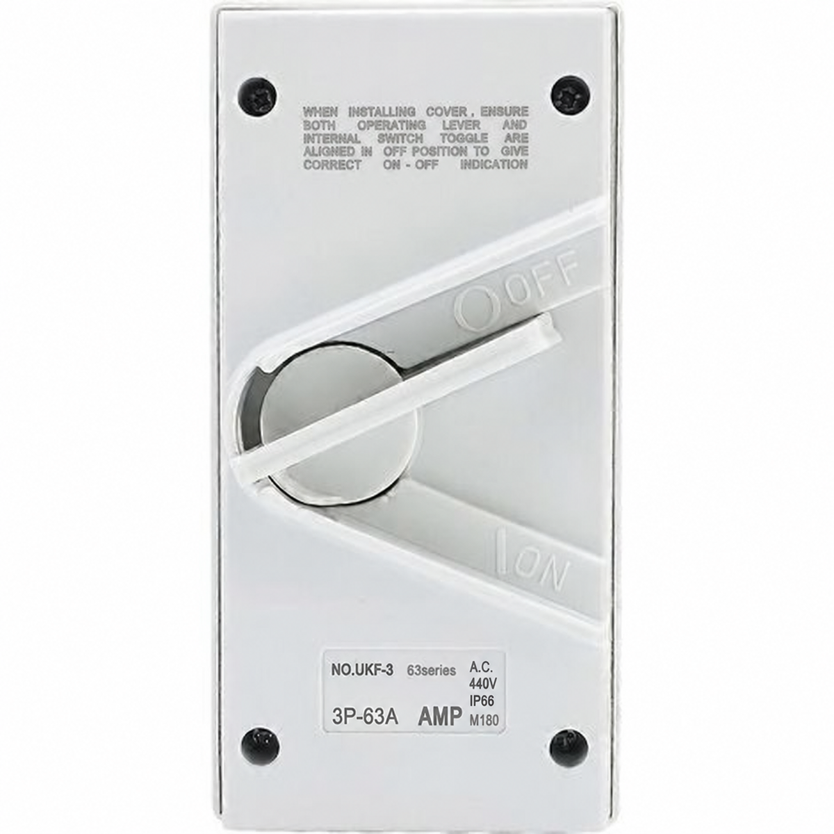 Sparky Stock 3 pole 63A 440V IP66 weatherproof isolator switch in white, front view