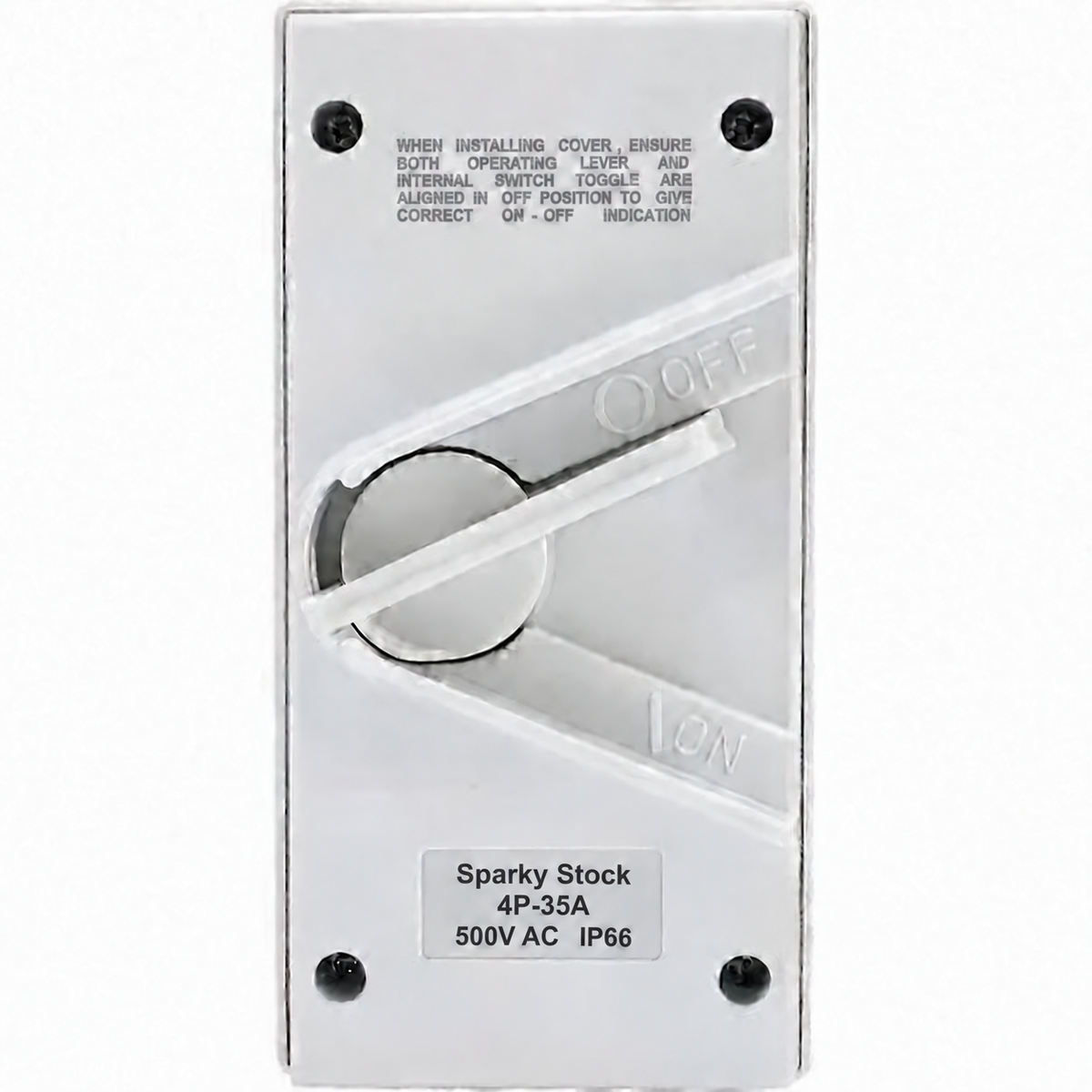 Sparky Stock 4 pole 35A 500V AC IP66 white isolator switch, front view