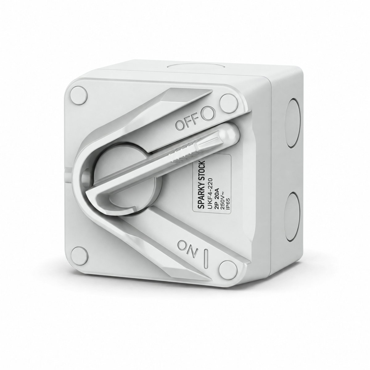 Sparky Stock compact 2 pole 20A 250V IP65 isolator switch in grey, front and right side view