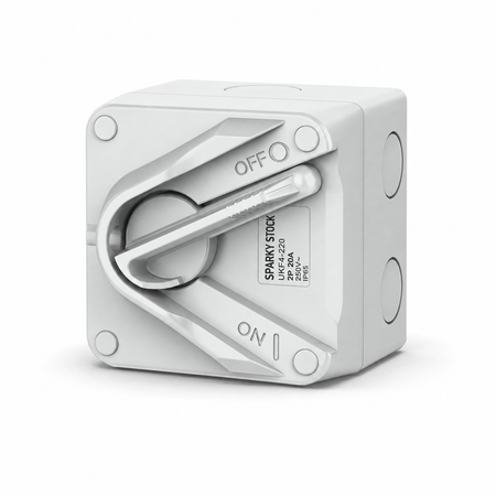 Sparky Stock compact 2 pole 20A 250V IP65 isolator switch in grey, front and right side view