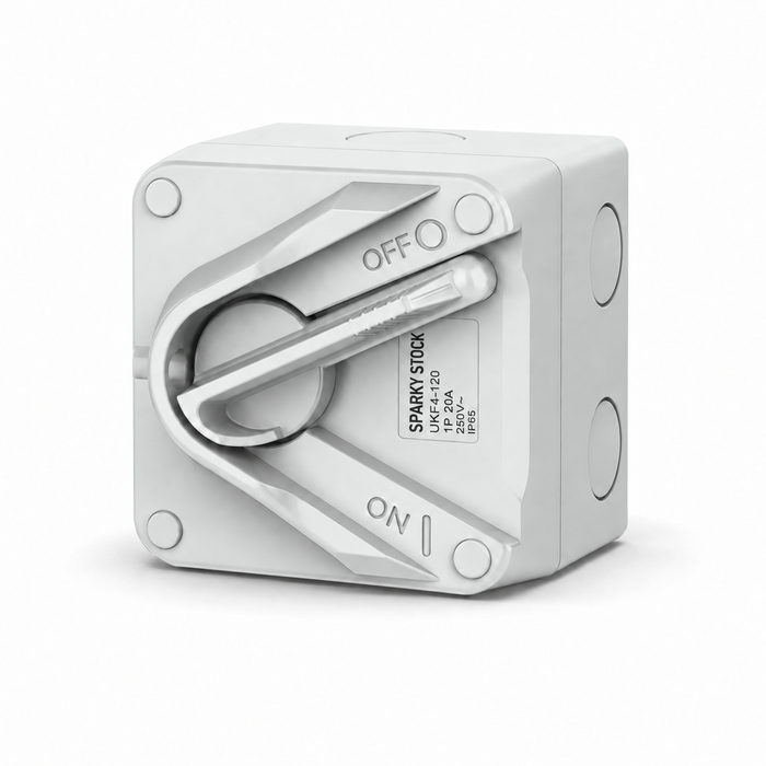Sparky Stock Compact Single Pole 20A 250V IP65 Weatherproof Isolator Switch | Grey | SS-ISO-MINI-1P-20A