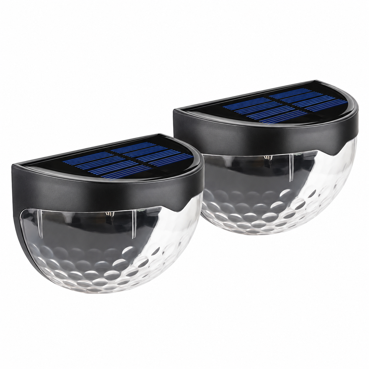 Sparky Stock two-pack solar LED wall lights with black housings and clear patterned lenses