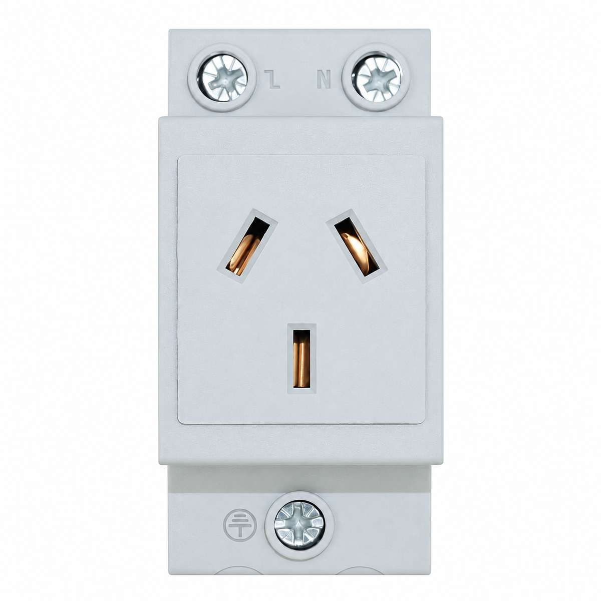 Sparky Stock SS-DRS16A 16A DIN rail socket in light grey, front angle