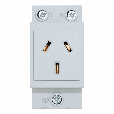 Sparky Stock SS-DRS16A 16A DIN rail socket in light grey, front angle