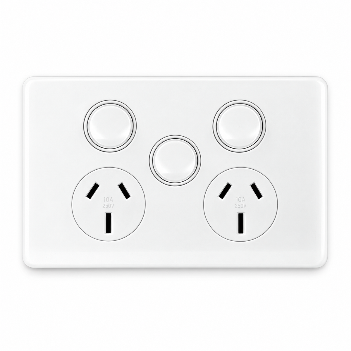 Sparky Stock SS-HT236 double power point with extra centre switch, three switches and two outlets, 10A 250V, Injection White, front view