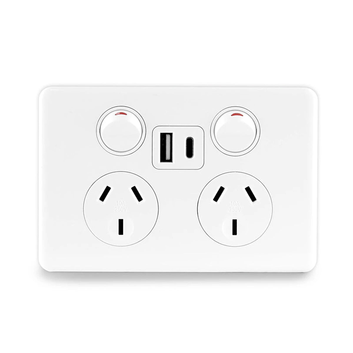Sparky Stock SS-HT337 double power point with USB-A and USB-C ports, 10A 250V, Injection White, front view