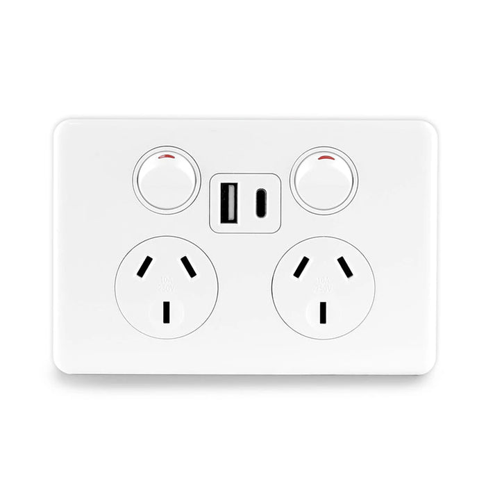 Sparky Stock Double Power Point USB-A & USB-C 10A 250V | Injection White | SS-HT337