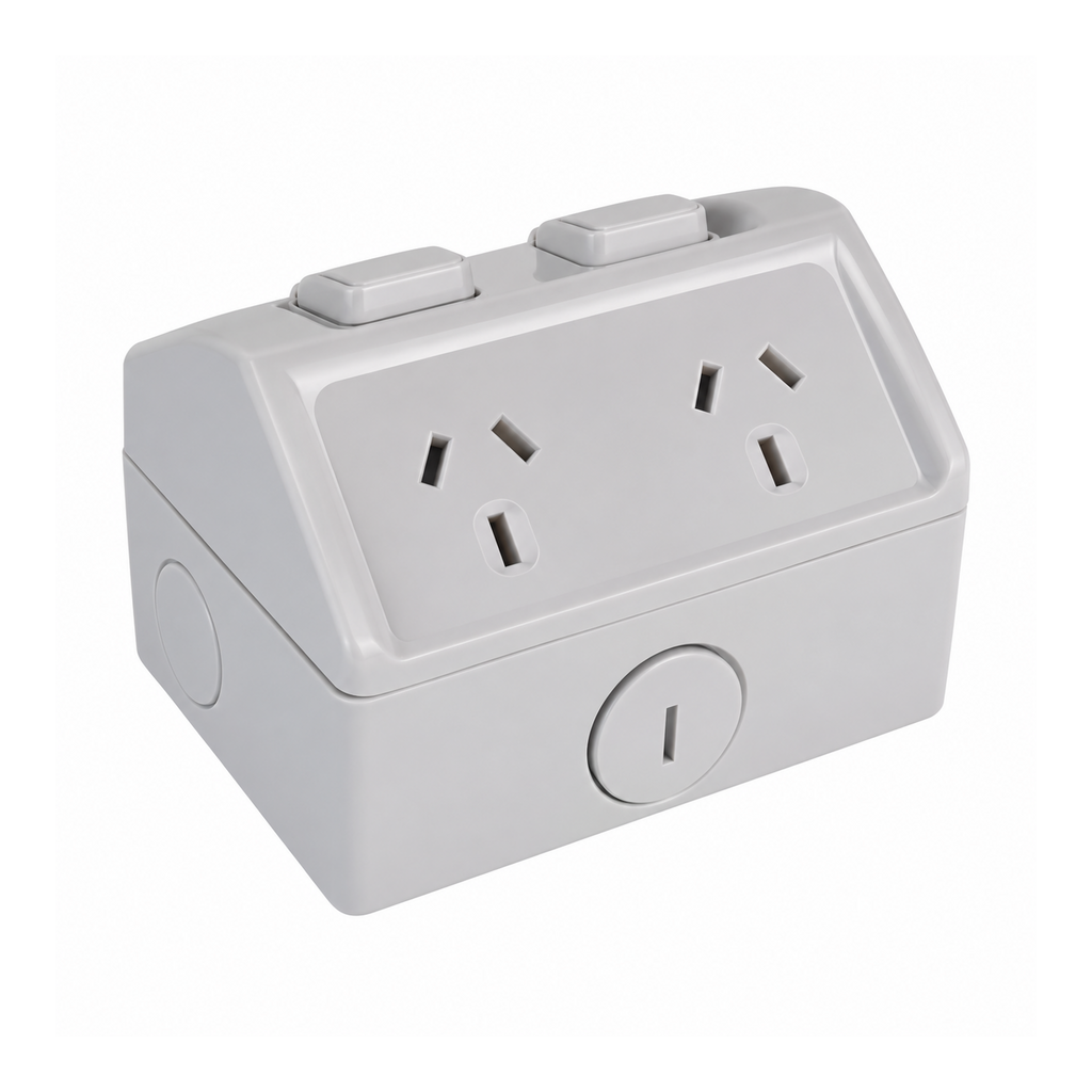 Sparky Stock grey double surface mount power point, supplier range photograph for SS-WPS210 and SS-WPS220