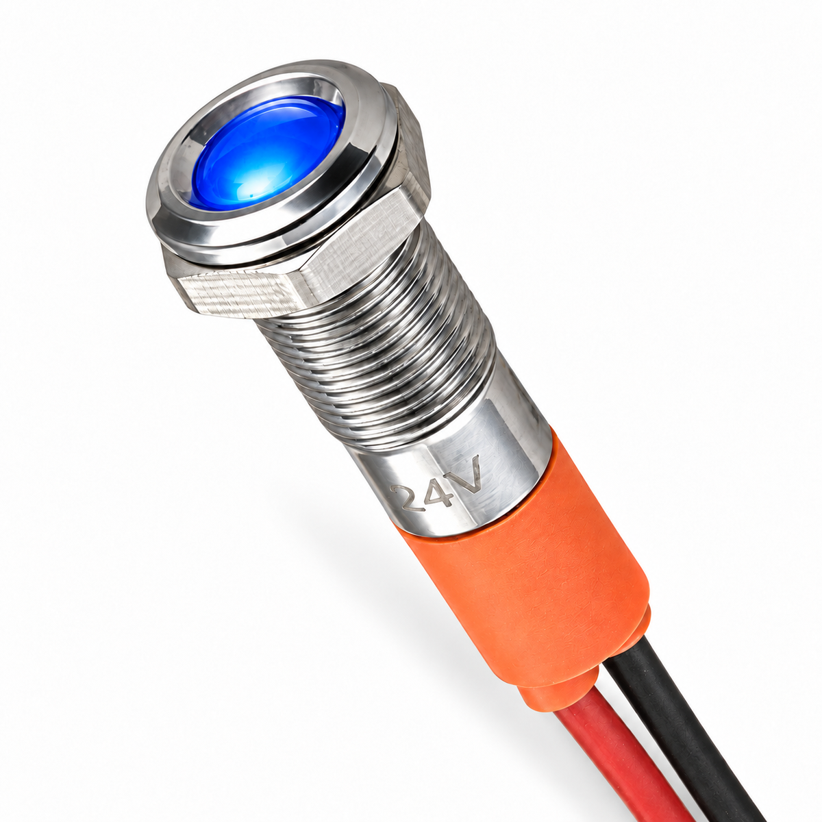 Sparky Stock SS-IL6-24V-BU 6mm 24V metal indicator light with blue LED, silver housing and wire leads on a white background