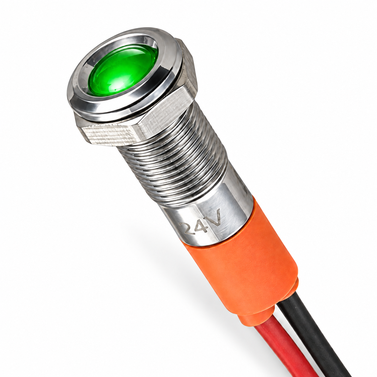 Sparky Stock SS-IL6-24V-GN 6mm 24V metal indicator light with green LED, silver housing and wire leads on a white background