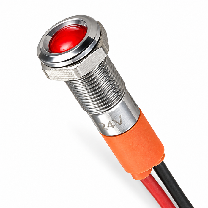 Sparky Stock 6mm 24V LED Metal Indicator Light IP67 | Silver / Red | SS-IL6-24V-RD