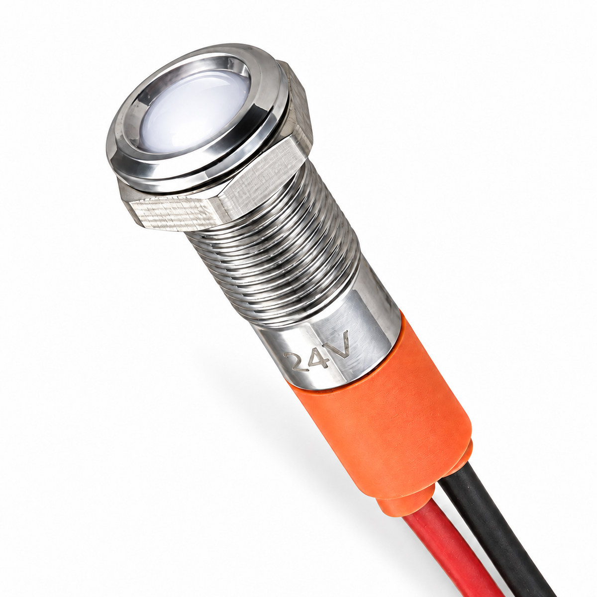 Sparky Stock SS-IL6-24V-WH 6mm 24V metal indicator light with white LED, silver housing and wire leads on a white background