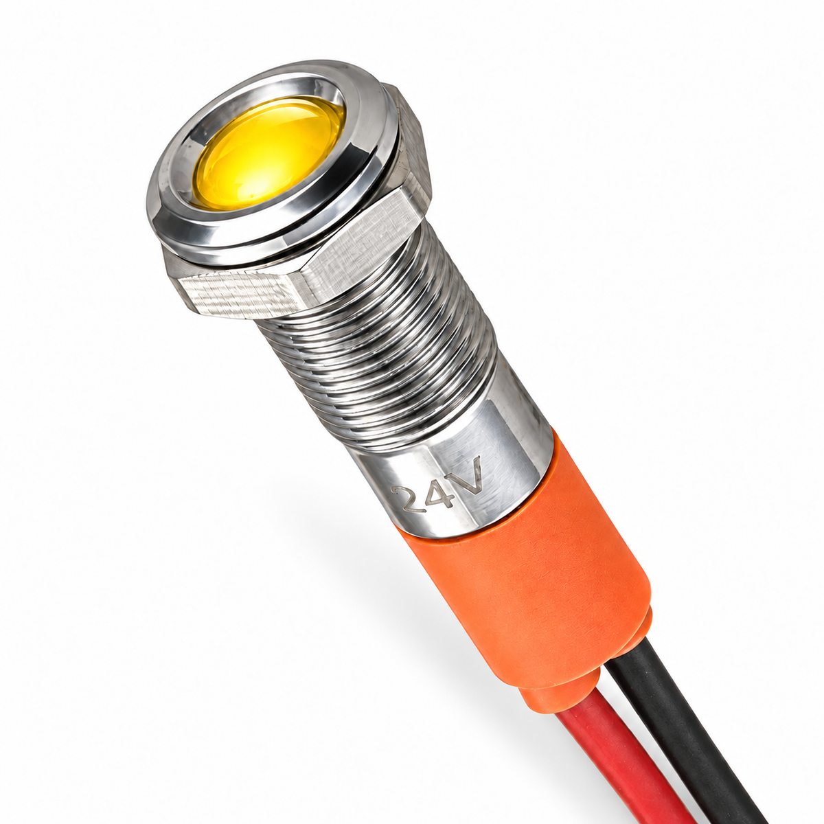 Sparky Stock SS-IL6-24V-YE 6mm 24V metal indicator light with yellow LED, silver housing and wire leads on a white background