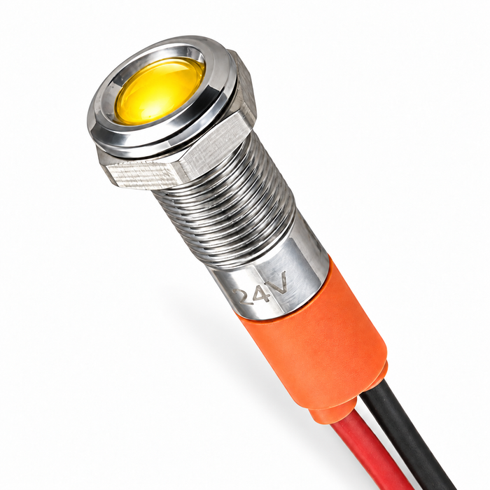 Sparky Stock 6mm 24V LED Metal Indicator Light IP67 | Silver / Yellow | SS-IL6-24V-YE
