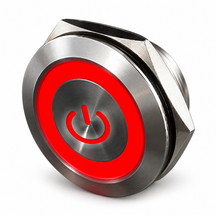 Sparky Stock 19mm Momentary LED Power Symbol Push Button Switch 12-24V | Silver / Red | SS-PB19-POWER-RD