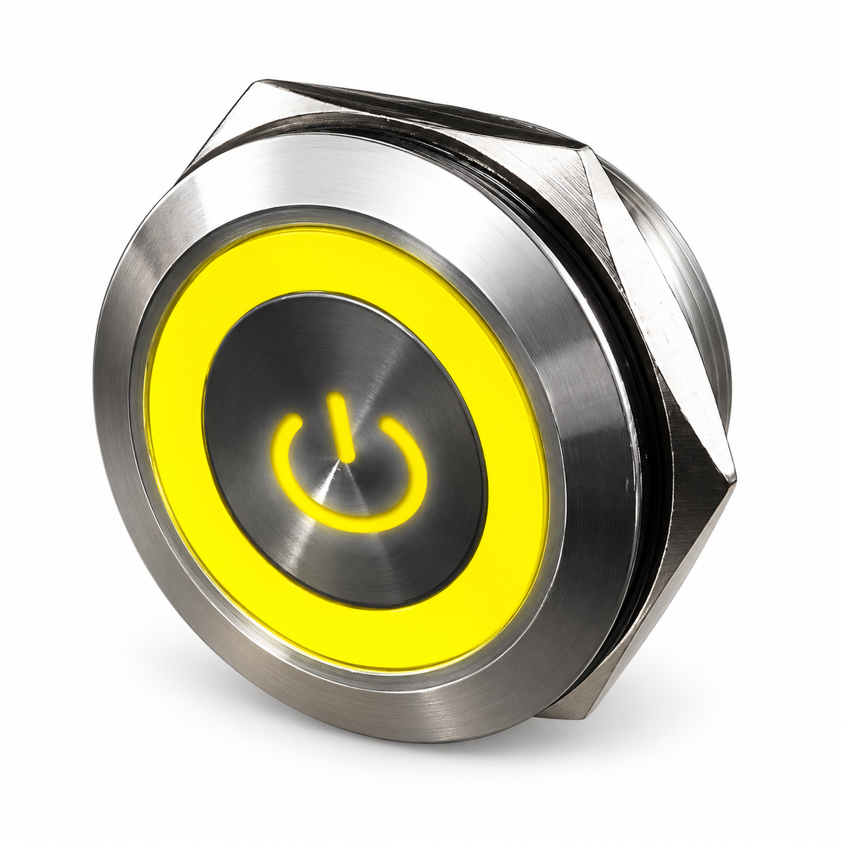 Sparky Stock SS-PB19-POWER-YE 19mm stainless steel momentary push button switch with yellow illuminated LED ring and power symbol, on a white background