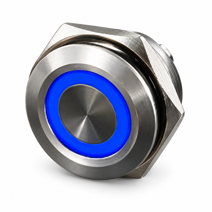 Sparky Stock 19mm Momentary LED Ring Push Button Switch 12-24V | Silver / Blue | SS-PB19-RING-BU