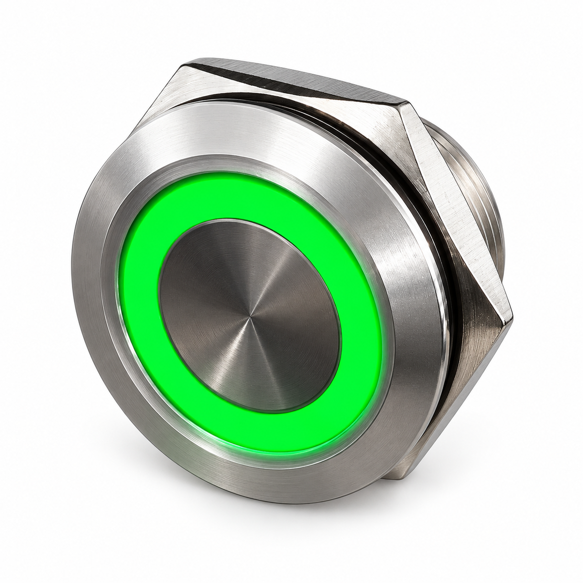 Sparky Stock SS-PB19-RING-GN 19mm stainless steel momentary push button switch with green illuminated LED ring, on a white background