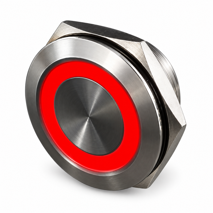 Sparky Stock 19mm Momentary LED Ring Push Button Switch 12-24V | Silver / Red | SS-PB19-RING-RD