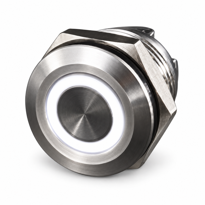 Sparky Stock 19mm Momentary LED Ring Push Button Switch 12-24V | Silver / White | SS-PB19-RING-WH