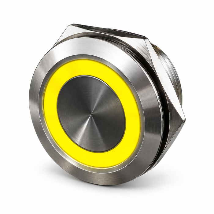 Sparky Stock 19mm Momentary LED Ring Push Button Switch 12-24V | Silver / Yellow | SS-PB19-RING-YE
