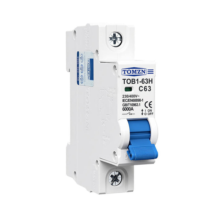TOMZN 63A Single Pole C Curve Miniature Circuit Breaker 6kA | White | TOB1-63H-63A