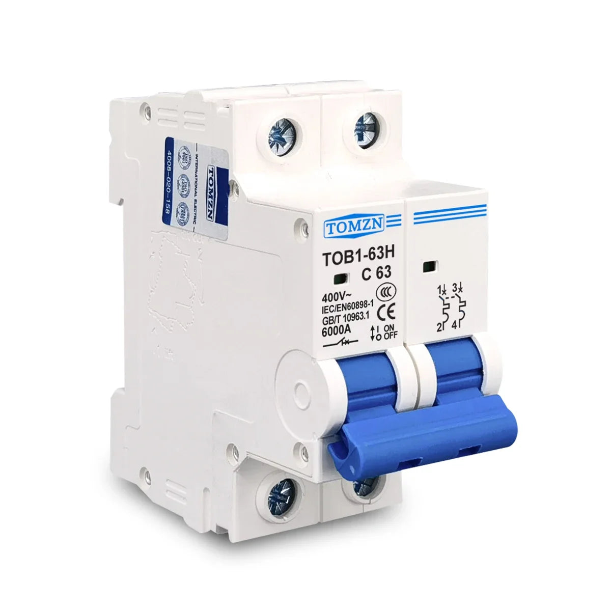 TOMZN TOB1-63H two-pole C-curve circuit breaker front angle; 63A model shown