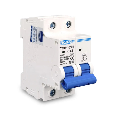 TOMZN TOB1-63H two-pole C-curve circuit breaker front angle; 63A model shown