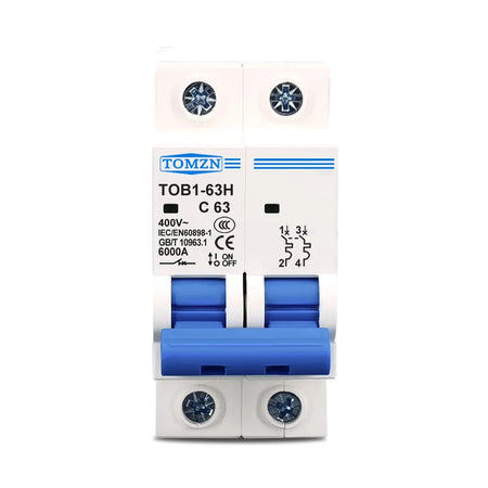 TOMZN 10A Double Pole C Curve Miniature Circuit Breaker 6kA | White | TOB1-63H-2P-10A