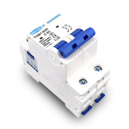 TOMZN 10A Double Pole C Curve Miniature Circuit Breaker 6kA | White | TOB1-63H-2P-10A