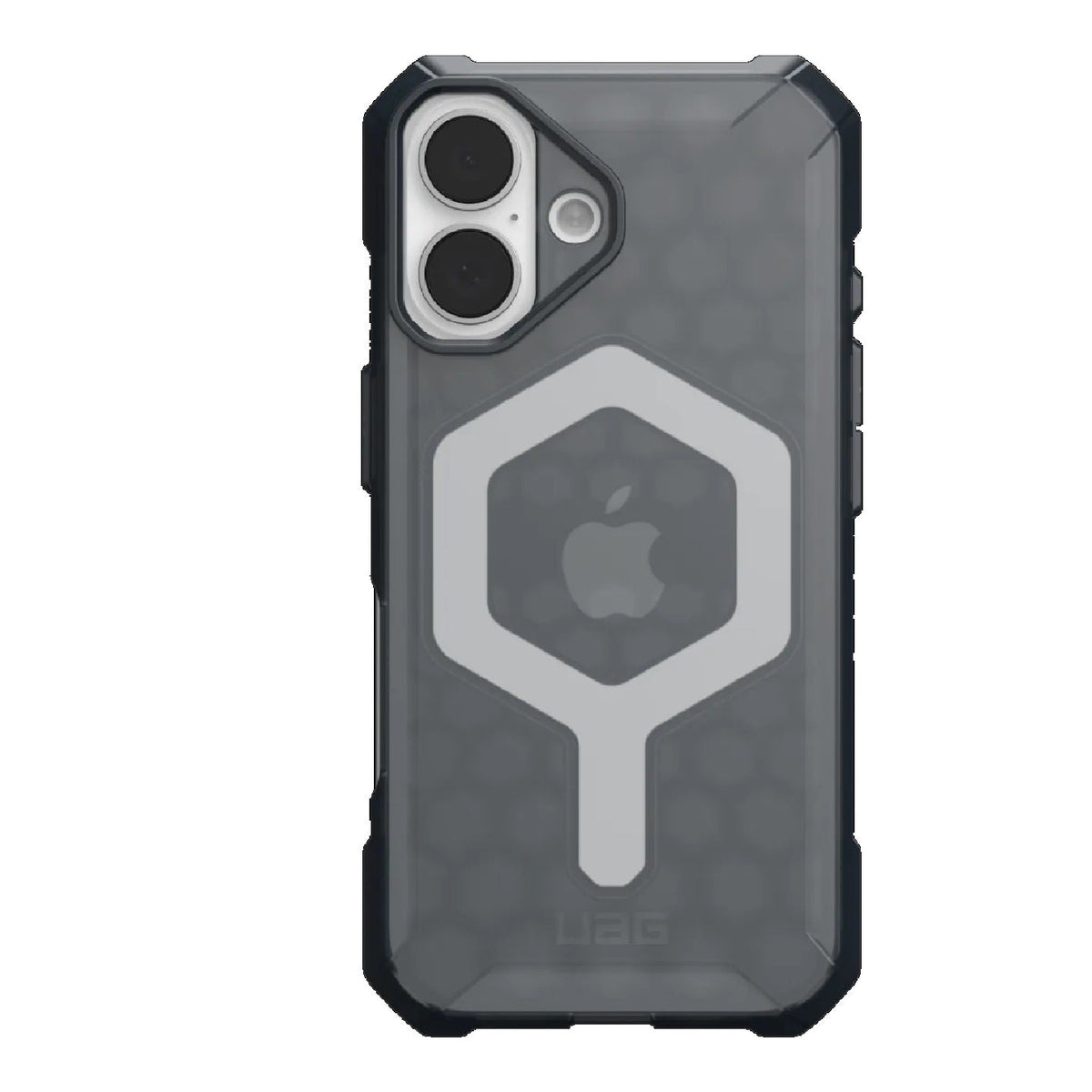 UAG Essential Armor MagSafe case for iPhone 16 Plus in Ash, rear view fitted to phone