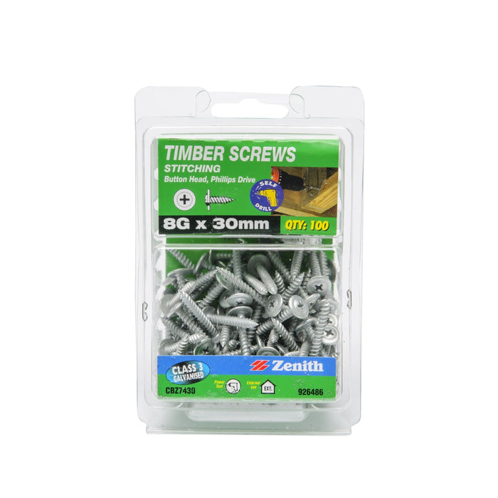 Zenith 8G x 30mm Button Head Stitching Timber Screws 100 Pack | Galvanised Grey | CBZ7430